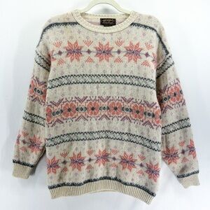 Vintage Eddie Bauer Cream Pink Wool Snowflake Fair Isle Christmas Sweater